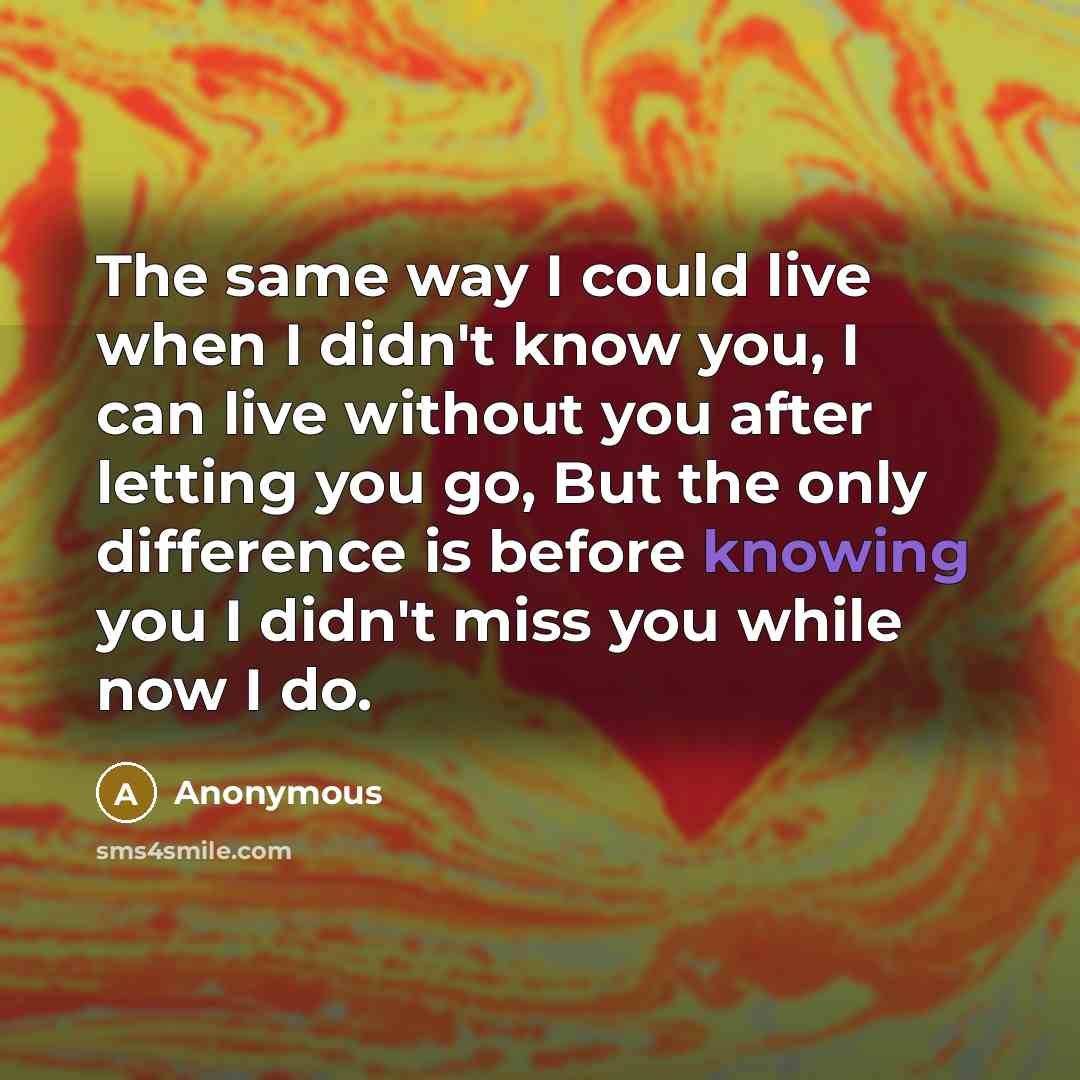 “The same way I could live when I didn't know you, I can live without you after letting you go, But the only difference is before knowing you I didn't miss you while now I do.” quote by Anonymous
