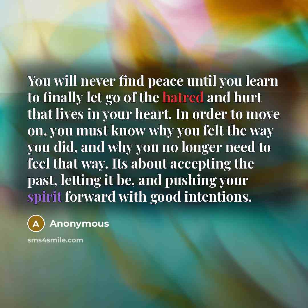 “You will never find peace until you learn to finally let go of the hatred and hurt that lives in your heart. In order to move on, you must know why you felt the way you did, and why you no longer need to feel that way. Its about accepting the past, letting it be, and pushing your spirit forward…” quote by Anonymous