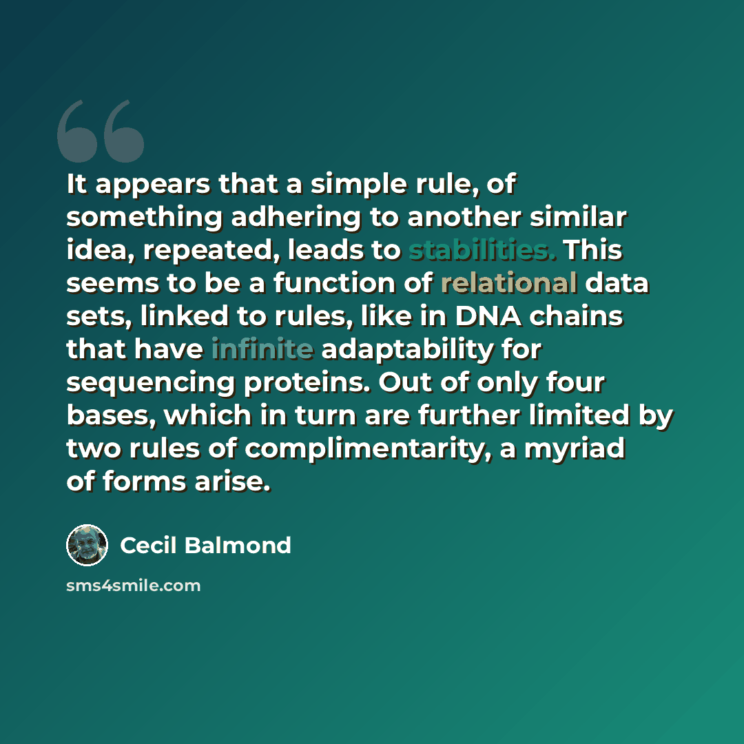 “It appears that a simple rule, of something adhering to another similar idea, repeated, leads to stabilities. This seems to be a function of relational data sets, linked to rules, like in DNA chains that have infinite adaptability for sequencing proteins. Out of only four bases, which in turn are…” quote by Cecil Balmond