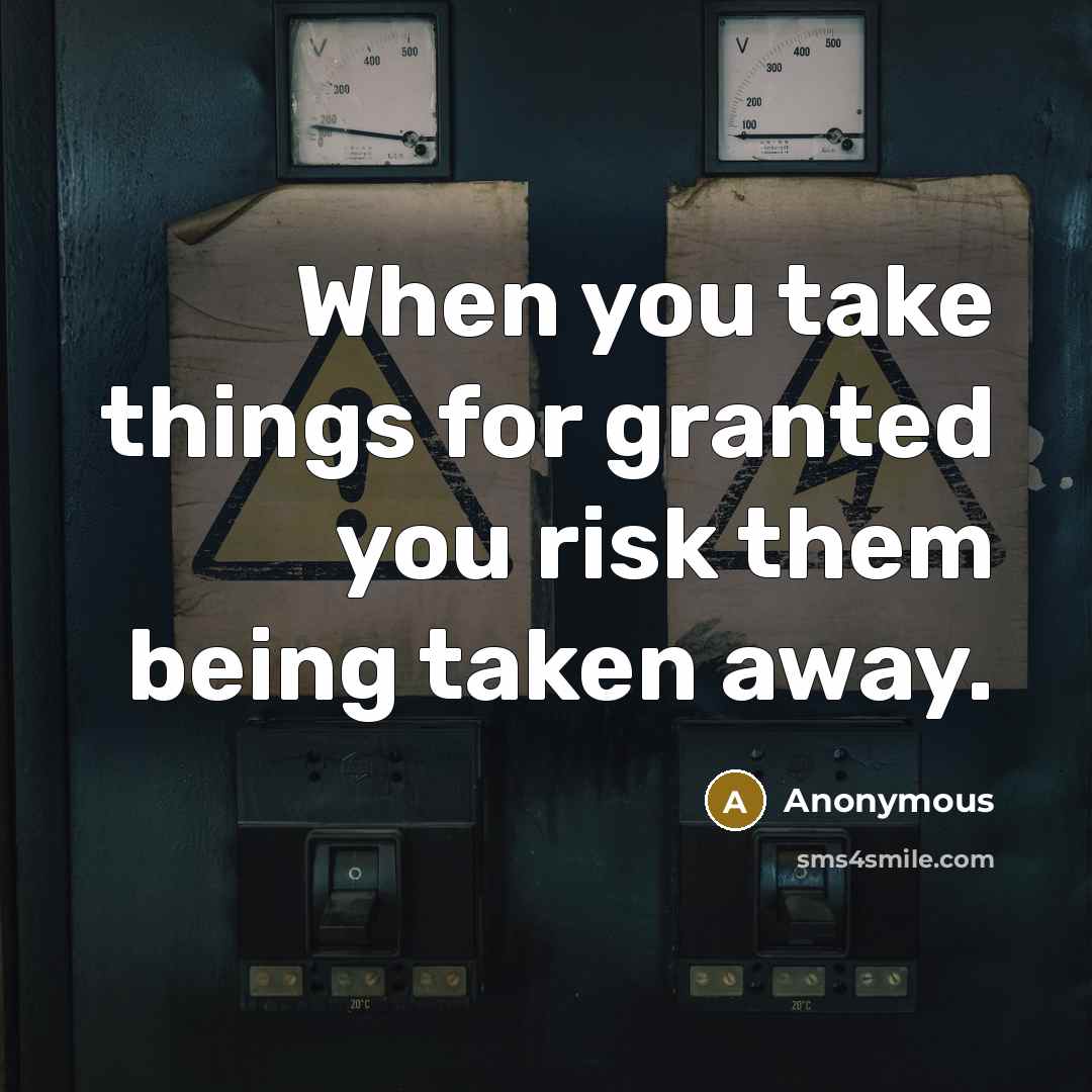 “When you take things for granted you risk them being taken away.” quote by Anonymous