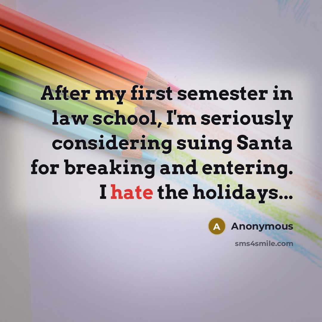 “After my first semester in law school, I'm seriously considering suing Santa for breaking and entering. I hate the holidays...” quote by Anonymous