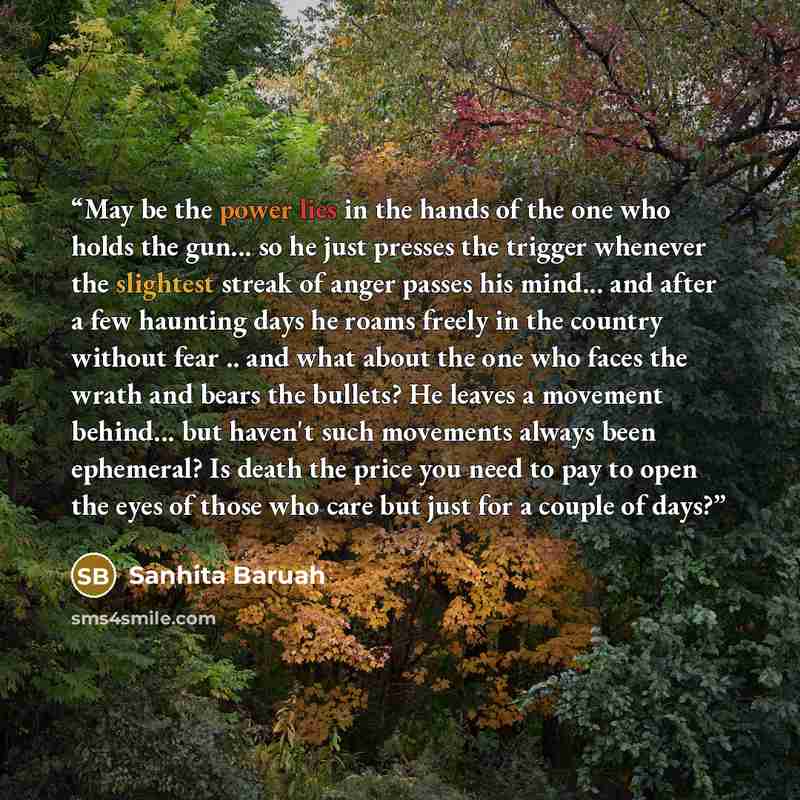 “May be the power lies in the hands of the one who holds the gun... so he just presses the trigger whenever the slightest streak of anger passes his mind... and after a few haunting days he roams freely in the country without fear .. and what about the one who faces the wrath and bears the bullets?…” quote by Sanhita Baruah