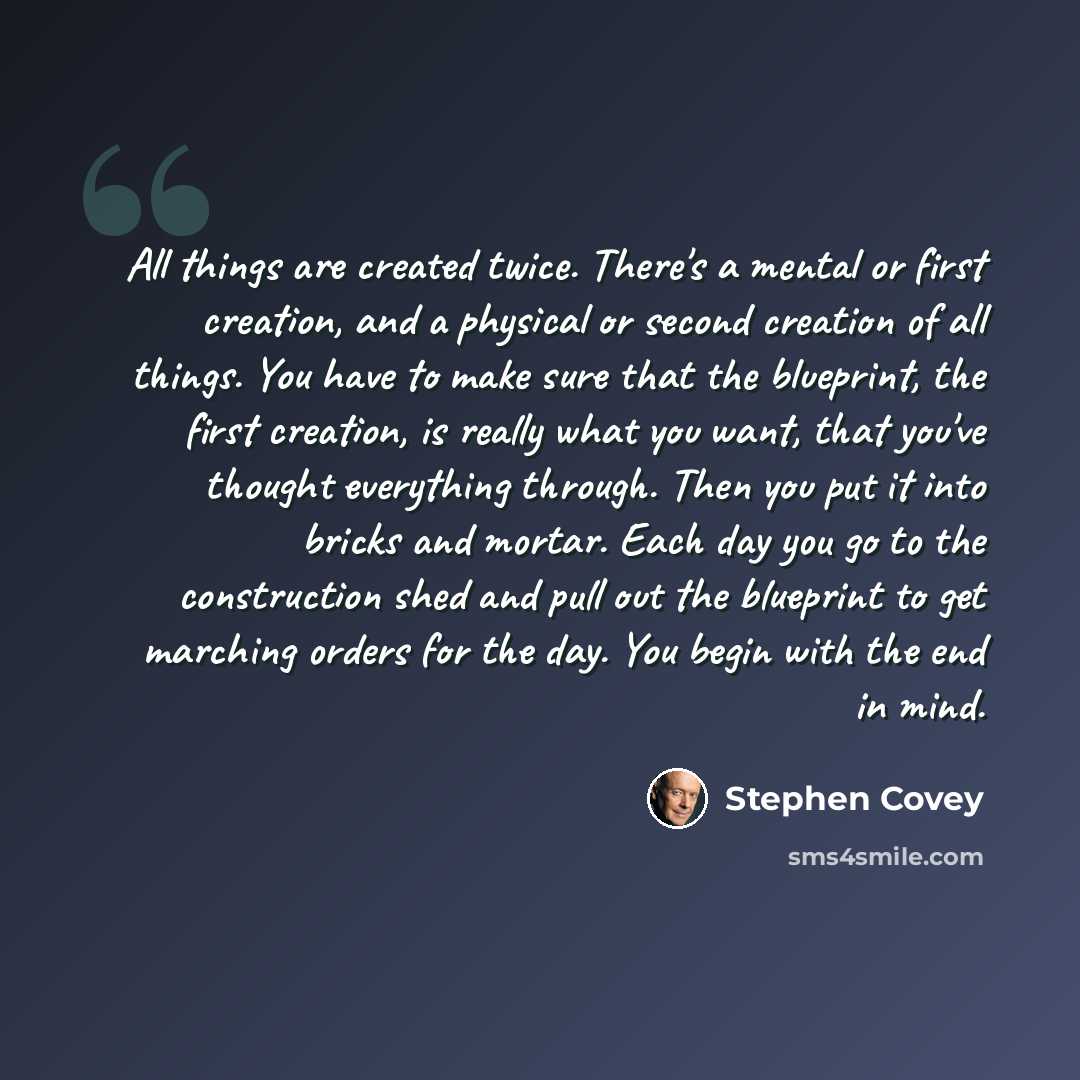 “All things are created twice. There's a mental or first creation, and a physical or second creation of all things. You have to make sure that the blueprint, the first creation, is really what you want, that you've thought everything through. Then you put it into bricks and mortar. Each day you go…” quote by Stephen Covey