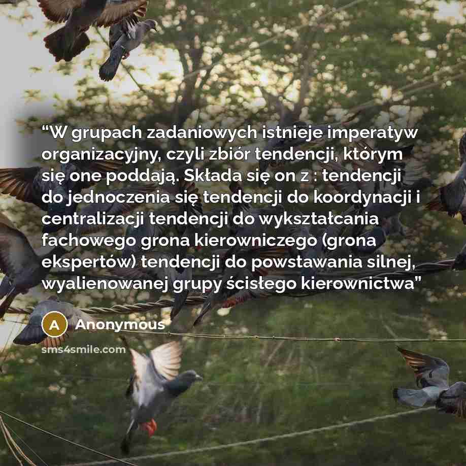 “W grupach zadaniowych istnieje imperatyw organizacyjny, czyli zbiór tendencji, którym się one poddają. Składa się on z : tendencji do jednoczenia się tendencji do koordynacji i centralizacji tendencji do wykształcania fachowego grona kierowniczego (grona ekspertów) tendencji do powstawania silnej…” quote by Anonymous