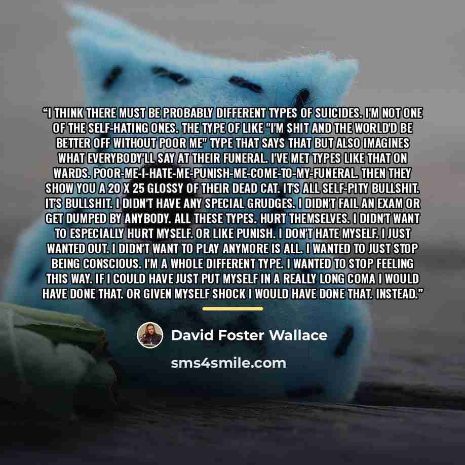 “I think there must be probably different types of suicides. I'm not one of the self-hating ones. The type of like "I'm shit and the world'd be better off without poor me" type that says that but also imagines what everybody'll say at their funeral. I've met types like that on wards…” quote by David Foster Wallace