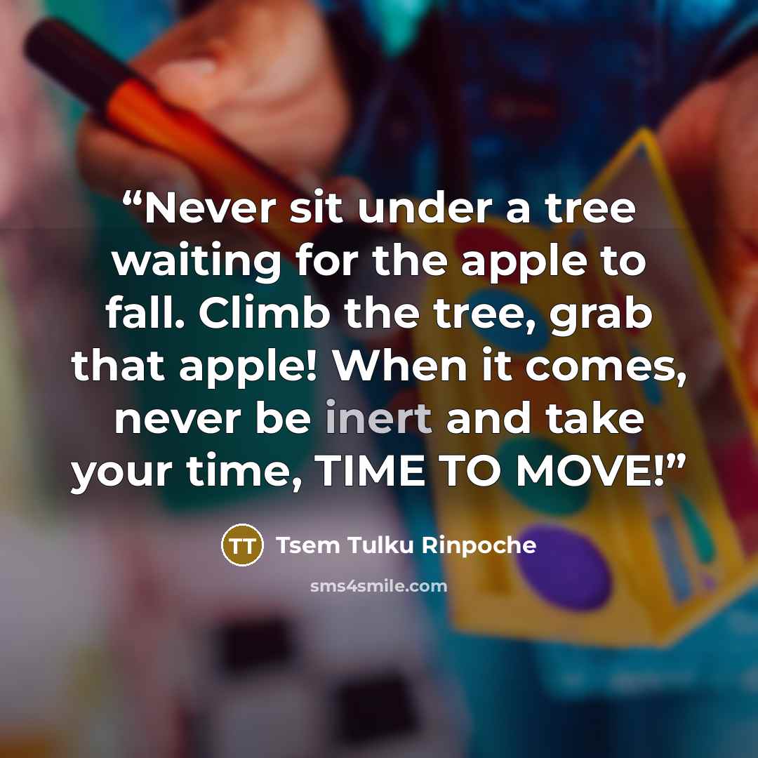 “Never sit under a tree waiting for the apple to fall. Climb the tree, grab that apple! When it comes, never be inert and take your time, TIME TO MOVE!” quote by Tsem Tulku Rinpoche