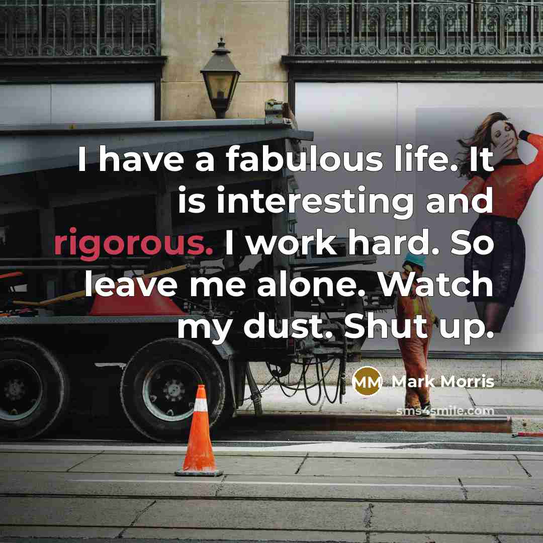 “I have a fabulous life. It is interesting and rigorous. I work hard. So leave me alone. Watch my dust. Shut up.” quote by Mark Morris
