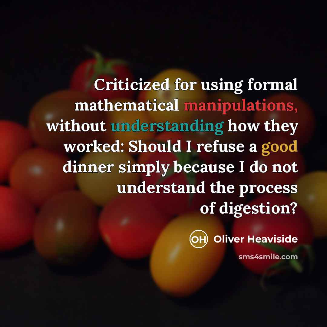 “Criticized for using formal mathematical manipulations, without understanding how they worked: Should I refuse a good dinner simply because I do not understand the process of digestion?” quote by Oliver Heaviside