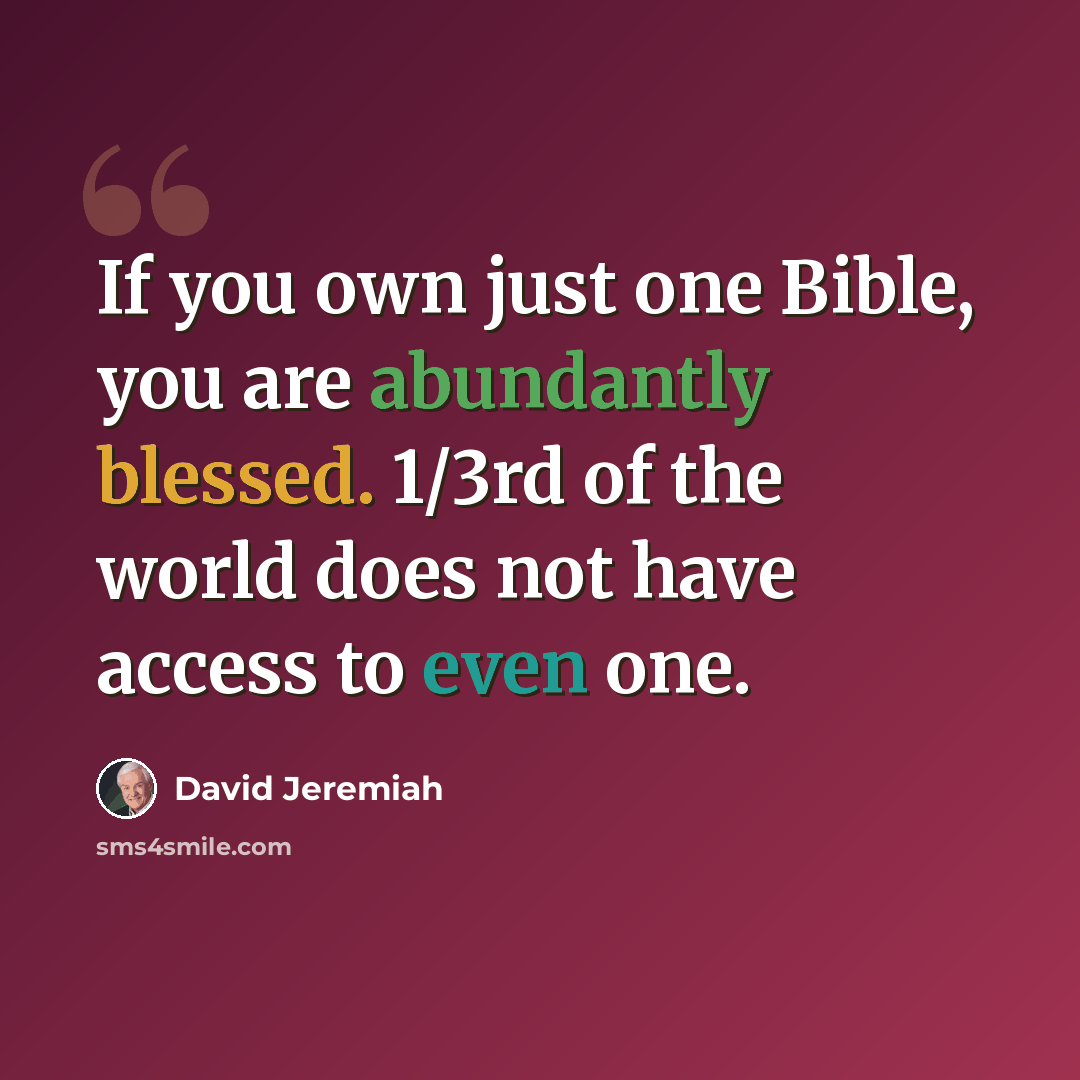 “If you own just one Bible, you are abundantly blessed. 1/3rd of the world does not have access to even one.” quote by David Jeremiah