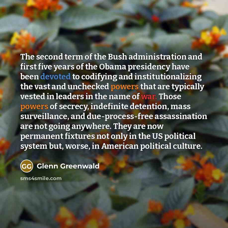 “The second term of the Bush administration and first five years of the Obama presidency have been devoted to codifying and institutionalizing the vast and unchecked powers that are typically vested in leaders in the name of war. Those powers of secrecy, indefinite detention, mass surveillance, and…” quote by Glenn Greenwald