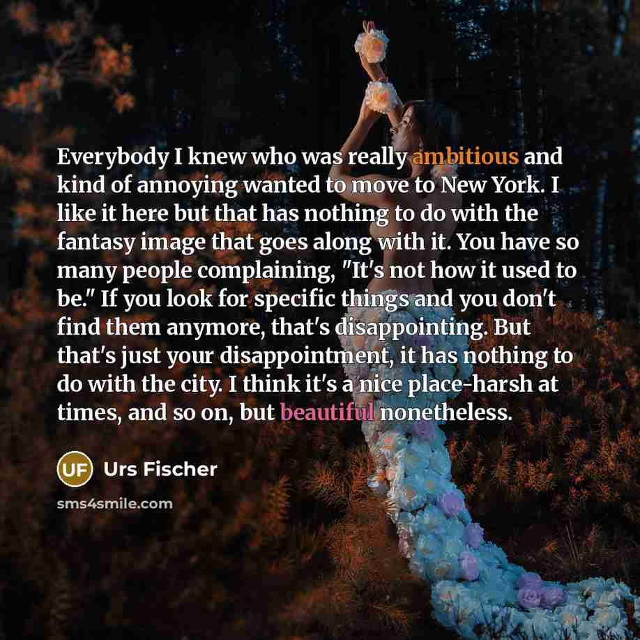 “Everybody I knew who was really ambitious and kind of annoying wanted to move to New York. I like it here but that has nothing to do with the fantasy image that goes along with it. You have so many people complaining, "It's not how it used to be." If you look for specific things and you don't find…” quote by Urs Fischer