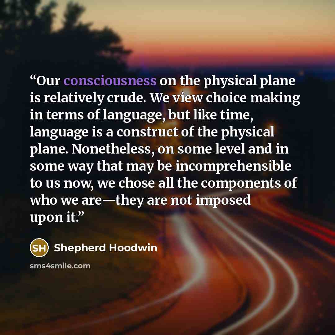 “Our consciousness on the physical plane is relatively crude. We view choice making in terms of language, but like time, language is a construct of the physical plane. Nonetheless, on some level and in some way that may be incomprehensible to us now, we chose all the components of who we are—they…” quote by Shepherd Hoodwin
