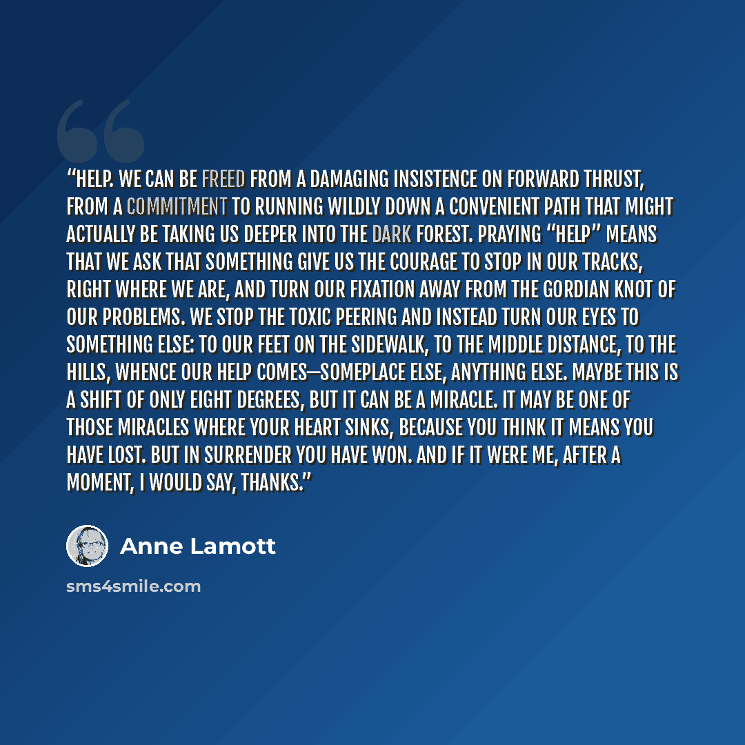 “Help. We can be freed from a damaging insistence on forward thrust, from a commitment to running wildly down a convenient path that might actually be taking us deeper into the dark forest. Praying “Help” means that we ask that Something give us the courage to stop in our tracks, right where we…” quote by Anne Lamott