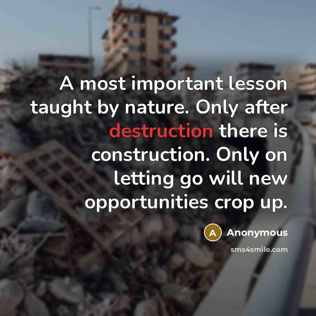 “A most important lesson taught by nature. Only after destruction there is construction. Only on letting go will new opportunities crop up.” quote by Anonymous