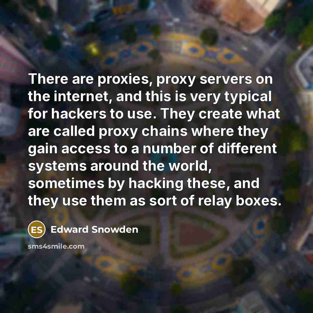 “There are proxies, proxy servers on the internet, and this is very typical for hackers to use. They create what are called proxy chains where they gain access to a number of different systems around the world, sometimes by hacking these, and they use them as sort of relay boxes.” quote by Edward Snowden