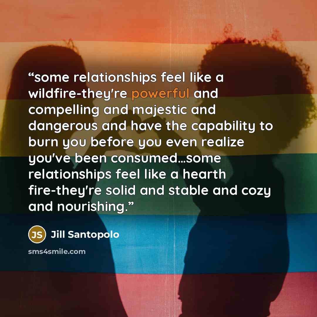 “some relationships feel like a wildfire-they're powerful and compelling and majestic and dangerous and have the capability to burn you before you even realize you've been consumed…some relationships feel like a hearth fire-they're solid and stable and cozy and nourishing.” quote by Jill Santopolo