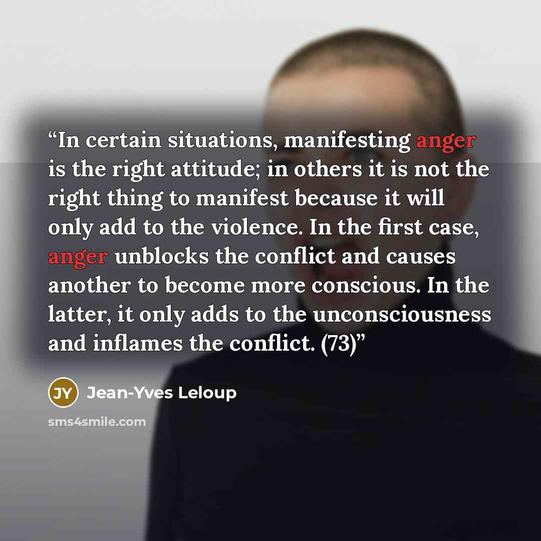 “In certain situations, manifesting anger is the right attitude; in others it is not the right thing to manifest because it will only add to the violence. In the first case, anger unblocks the conflict and causes another to become more conscious. In the latter, it only adds to the unconsciousness…” quote by Jean-Yves Leloup