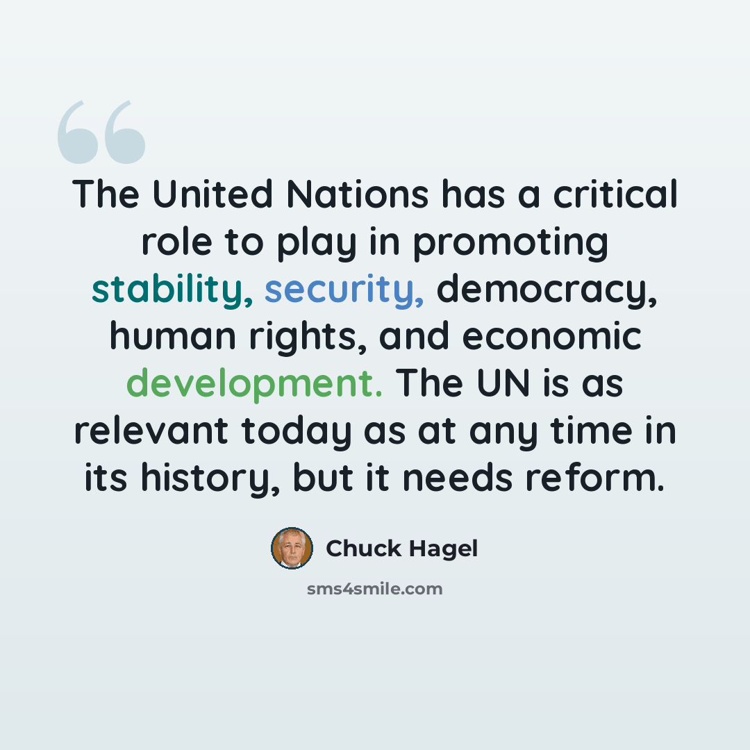 “The United Nations has a critical role to play in promoting stability, security, democracy, human rights, and economic development. The UN is as relevant today as at any time in its history, but it needs reform.” quote by Chuck Hagel