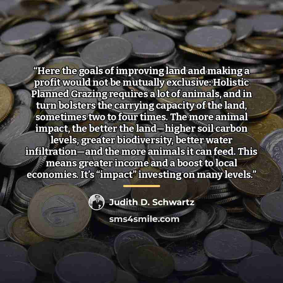“Here the goals of improving land and making a profit would not be mutually exclusive: Holistic Planned Grazing requires a lot of animals, and in turn bolsters the carrying capacity of the land, sometimes two to four times. The more animal impact, the better the land—higher soil carbon levels…” quote by Judith D. Schwartz