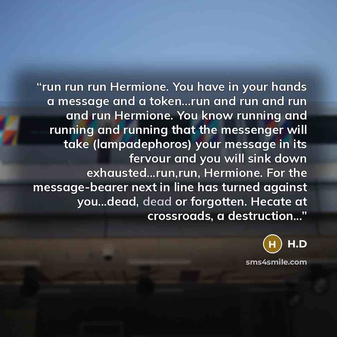 “run run run Hermione. You have in your hands a message and a token...run and run and run and run Hermione. You know running and running and running that the messenger will take (lampadephoros) your message in its fervour and you will sink down exhausted...run,run, Hermione. For the message-bearer…” quote by H.D
