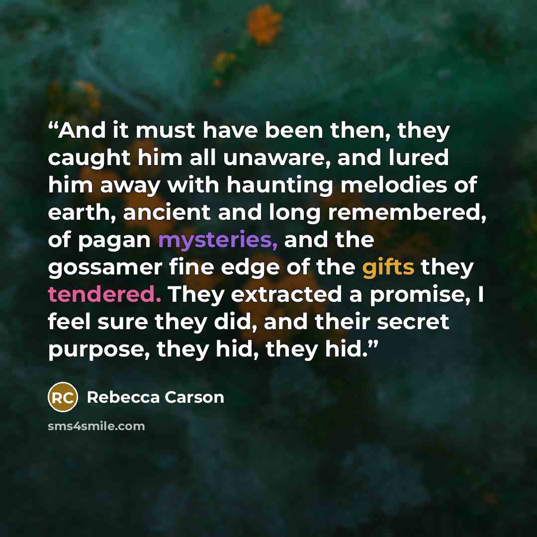 “And it must have been then, they caught him all unaware, and lured him away with haunting melodies of earth, ancient and long remembered, of pagan mysteries, and the gossamer fine edge of the gifts they tendered. They extracted a promise, I feel sure they did, and their secret purpose, they hid…” quote by Rebecca Carson