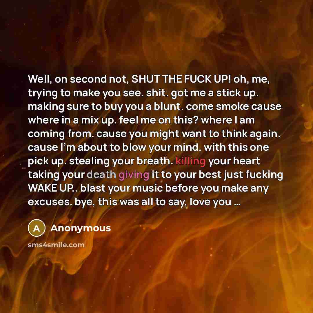 “Well, on second not, SHUT THE FUCK UP! oh, me, trying to make you see. shit. got me a stick up. making sure to buy you a blunt. come smoke cause where in a mix up. feel me on this? where I am coming from. cause you might want to think again. cause I'm about to blow your mind. with this one pick…” quote by Anonymous
