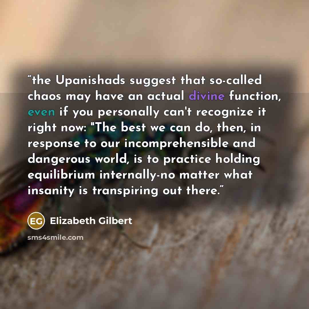 “the Upanishads suggest that so-called chaos may have an actual divine function, even if you personally can't recognize it right now: "The best we can do, then, in response to our incomprehensible and dangerous world, is to practice holding equilibrium internally-no matter what insanity is…” quote by Elizabeth Gilbert