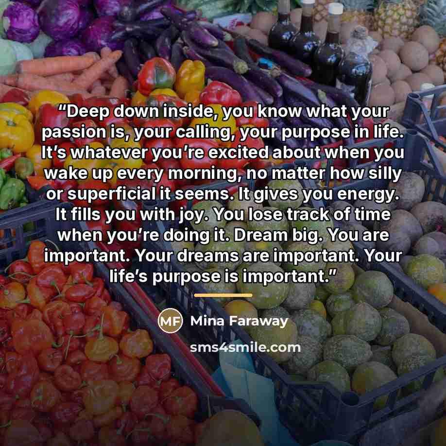 “Deep down inside, you know what your passion is, your calling, your purpose in life. It’s whatever you’re excited about when you wake up every morning, no matter how silly or superficial it seems. It gives you energy. It fills you with joy. You lose track of time when you’re doing it. Dream big…” quote by Mina Faraway