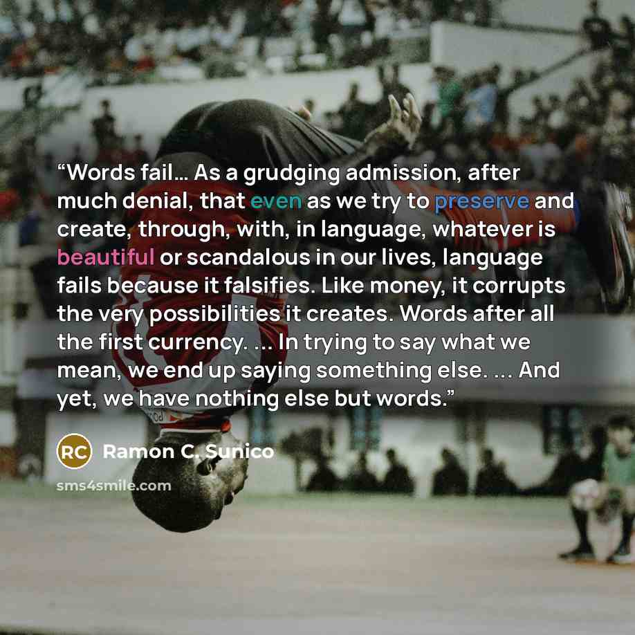 “Words fail… As a grudging admission, after much denial, that even as we try to preserve and create, through, with, in language, whatever is beautiful or scandalous in our lives, language fails because it falsifies. Like money, it corrupts the very possibilities it creates. Words after all the…” quote by Ramon C. Sunico