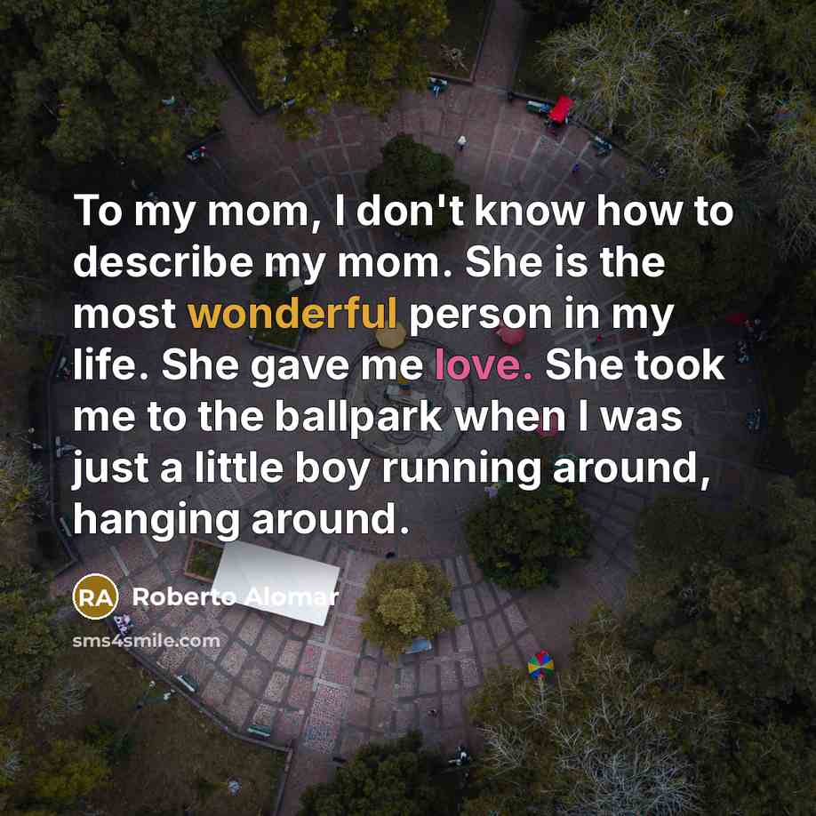 “To my mom, I don't know how to describe my mom. She is the most wonderful person in my life. She gave me love. She took me to the ballpark when I was just a little boy running around, hanging around.” quote by Roberto Alomar
