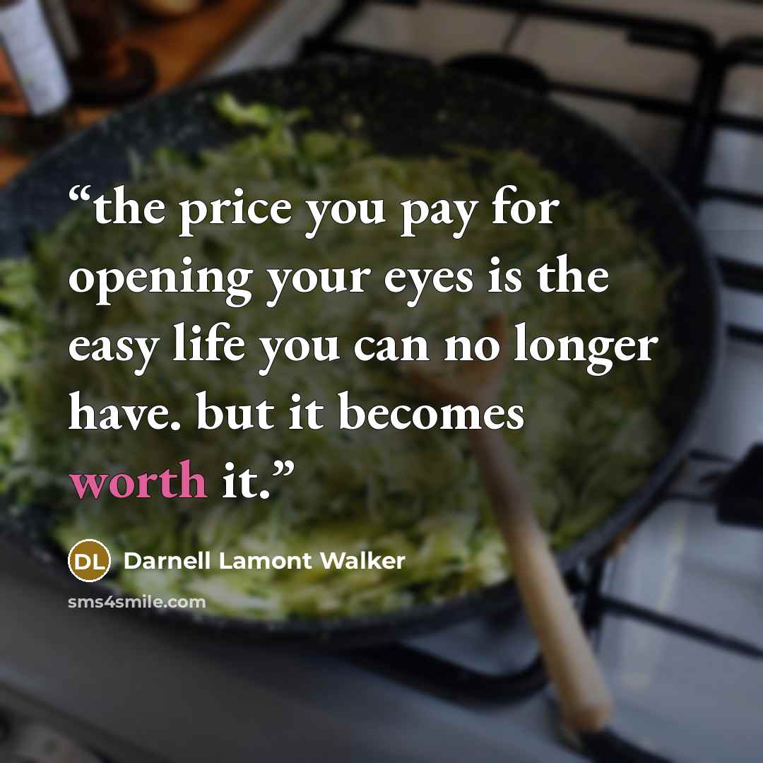 “the price you pay for opening your eyes is the easy life you can no longer have. but it becomes worth it.” quote by Darnell Lamont Walker