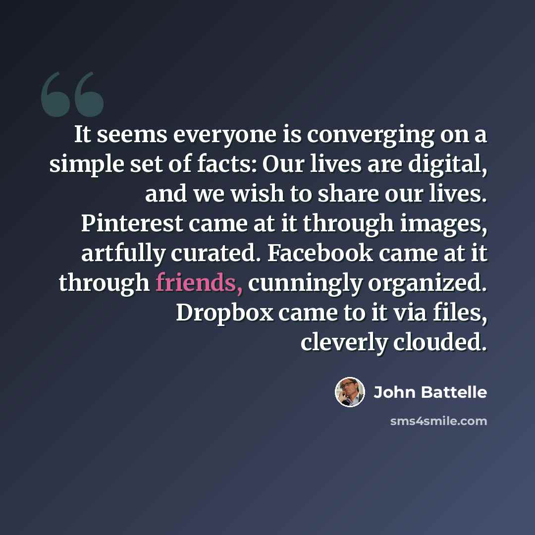 “It seems everyone is converging on a simple set of facts: Our lives are digital, and we wish to share our lives. Pinterest came at it through images, artfully curated. Facebook came at it through friends, cunningly organized. Dropbox came to it via files, cleverly clouded.” quote by John Battelle
