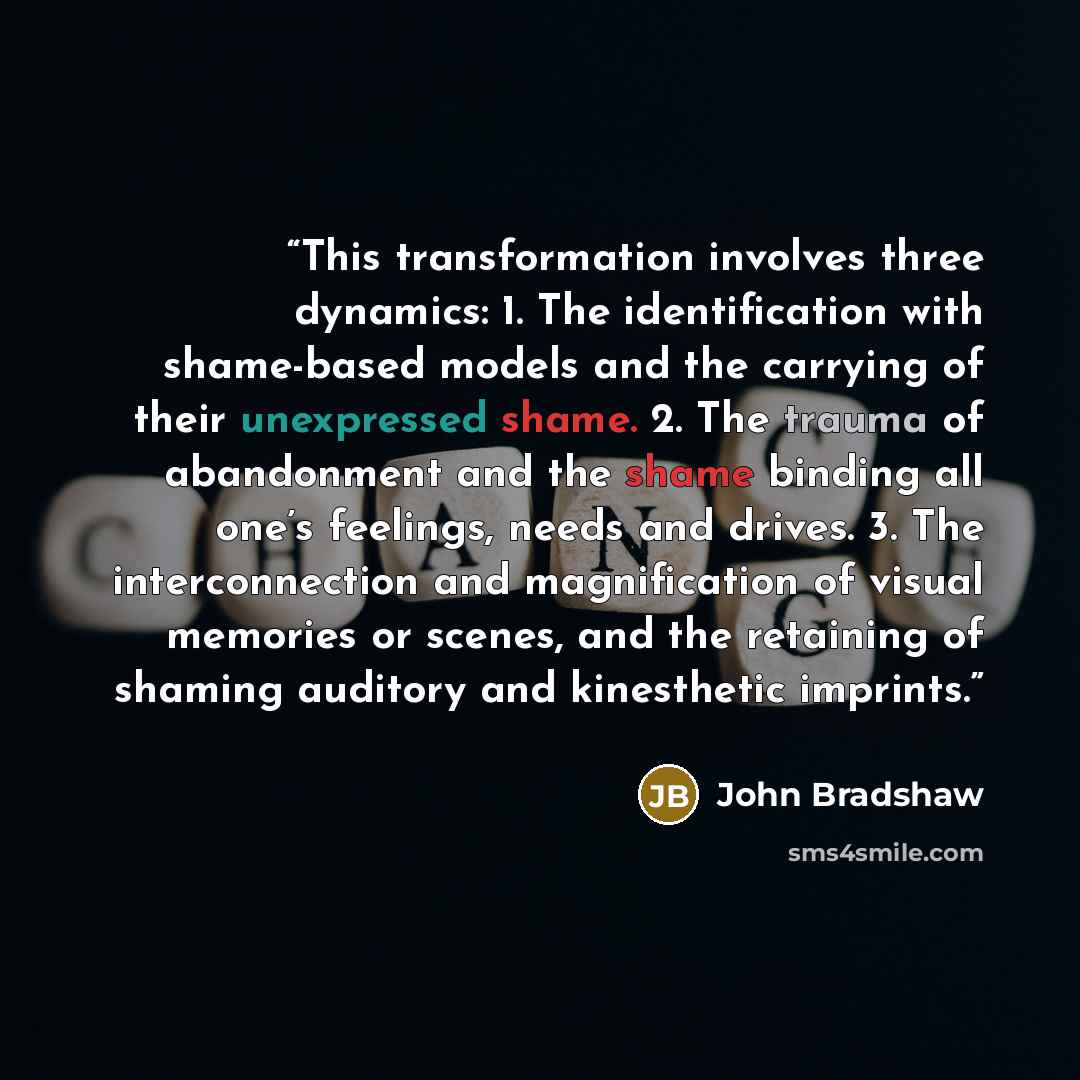 “This transformation involves three dynamics: 1. The identification with shame-based models and the carrying of their unexpressed shame. 2. The trauma of abandonment and the shame binding all one’s feelings, needs and drives. 3. The interconnection and magnification of visual memories or scenes…” quote by John Bradshaw