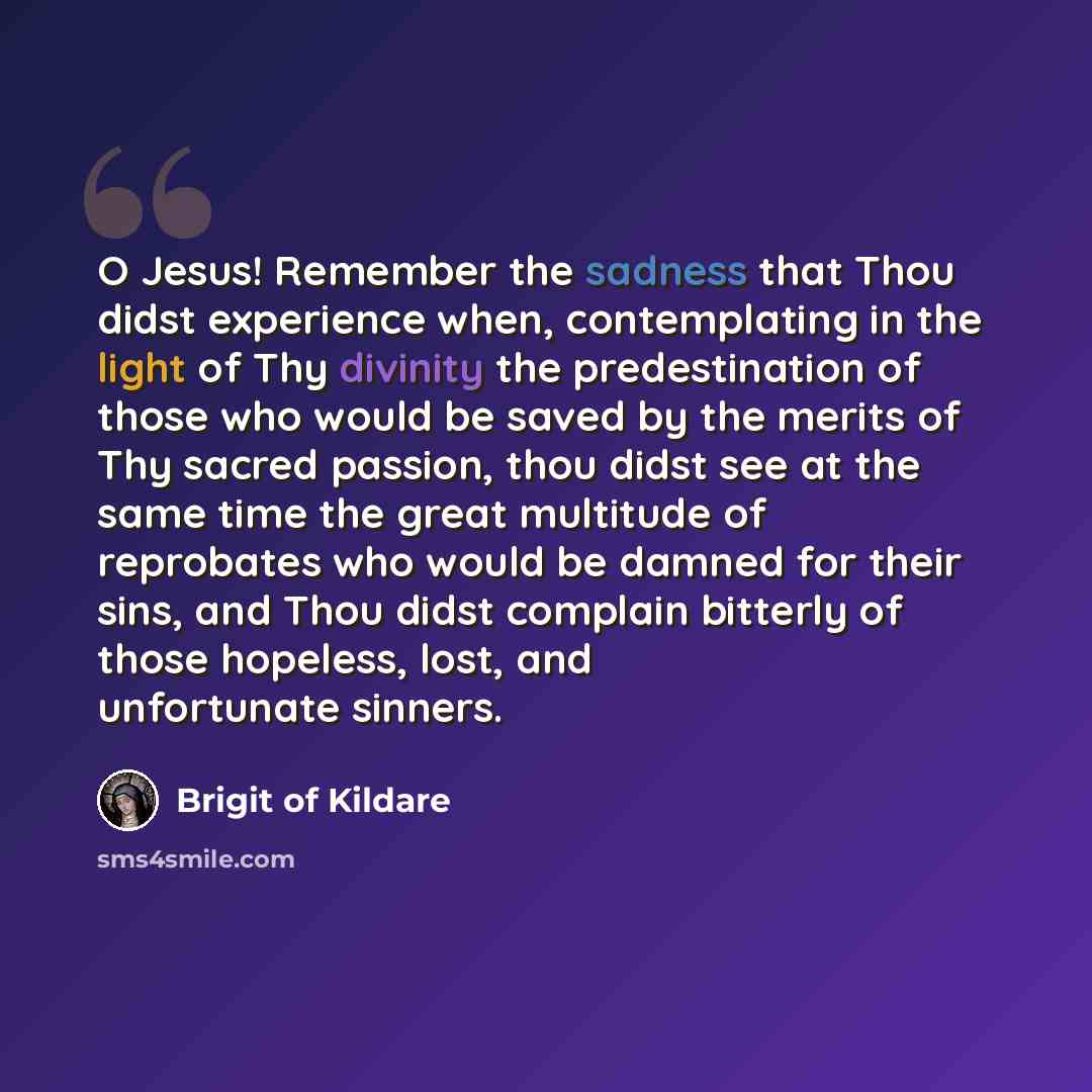 “O Jesus! Remember the sadness that Thou didst experience when, contemplating in the light of Thy divinity the predestination of those who would be saved by the merits of Thy sacred passion, thou didst see at the same time the great multitude of reprobates who would be damned for their sins, and…” quote by Brigit of Kildare