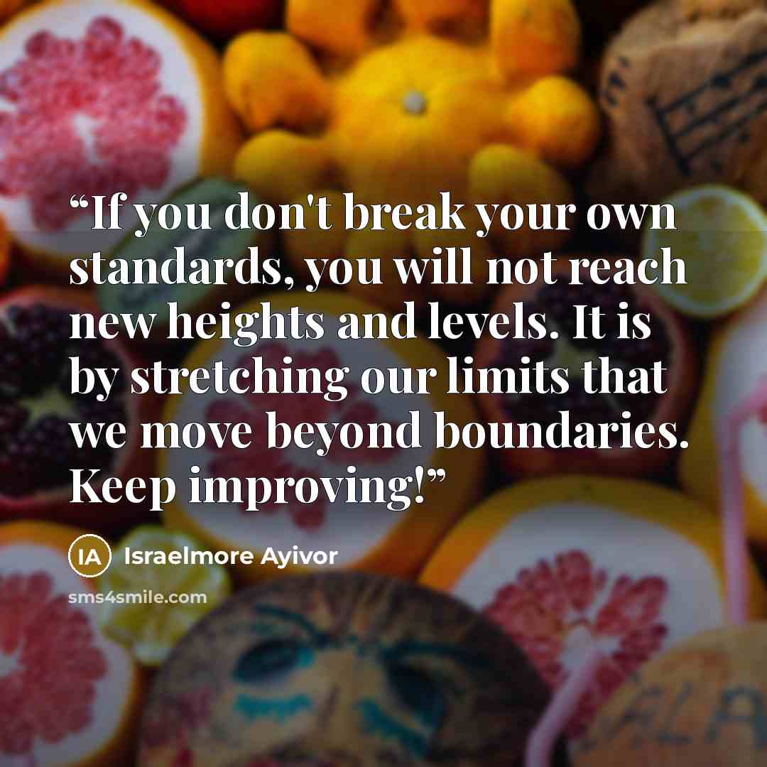 “If you don't break your own standards, you will not reach new heights and levels. It is by stretching our limits that we move beyond boundaries. Keep improving!” quote by Israelmore Ayivor