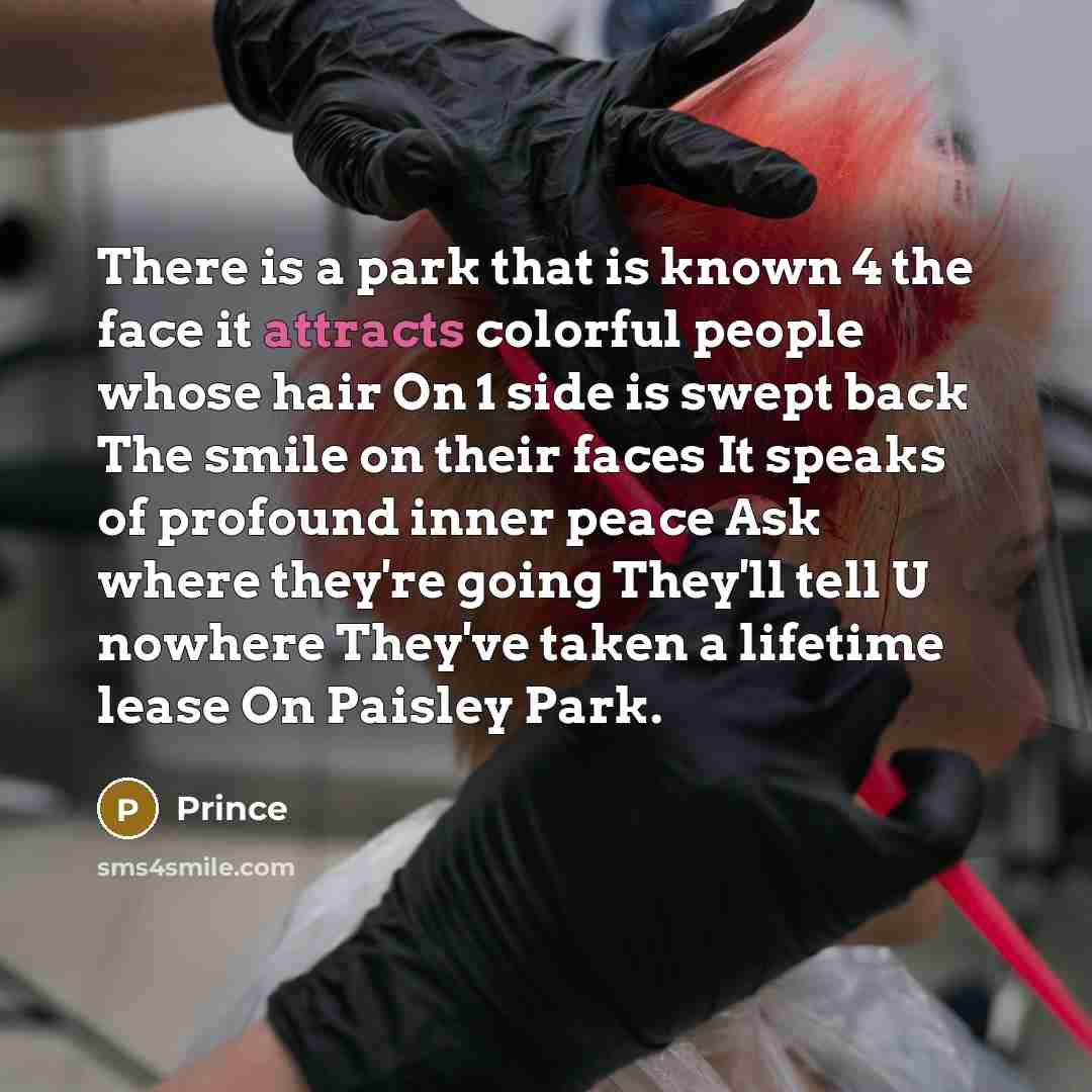 “There is a park that is known 4 the face it attracts colorful people whose hair On 1 side is swept back The smile on their faces It speaks of profound inner peace Ask where they're going They'll tell U nowhere They've taken a lifetime lease On Paisley Park.” quote by Prince