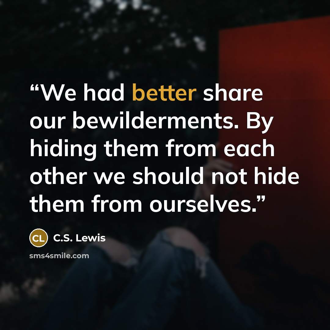 “We had better share our bewilderments. By hiding them from each other we should not hide them from ourselves.” quote by C.S. Lewis