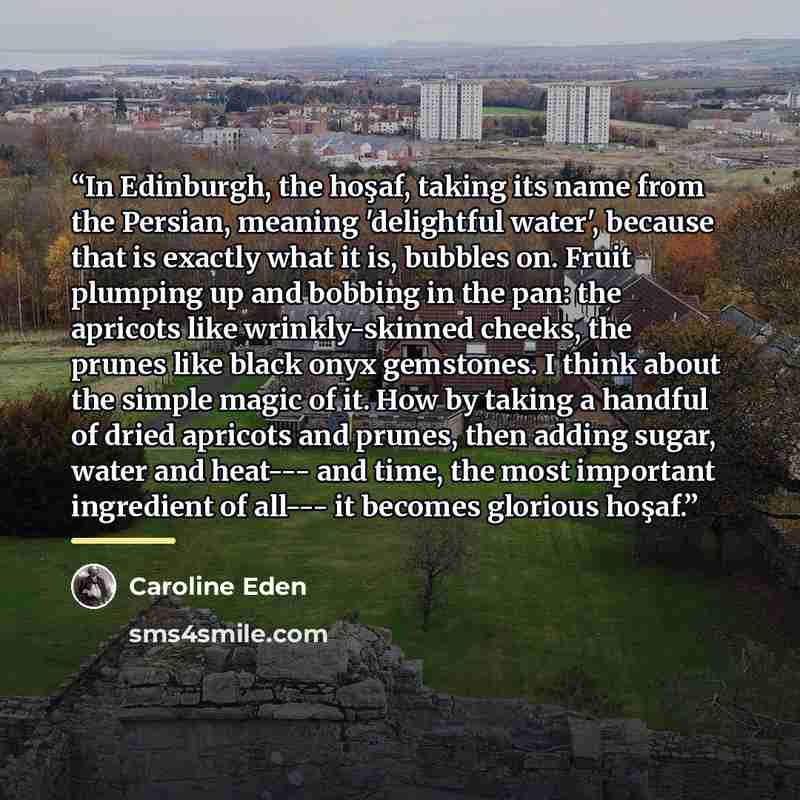 “In Edinburgh, the hoşaf, taking its name from the Persian, meaning 'delightful water', because that is exactly what it is, bubbles on. Fruit plumping up and bobbing in the pan: the apricots like wrinkly-skinned cheeks, the prunes like black onyx gemstones. I think about the simple magic of it. How…” quote by Caroline Eden