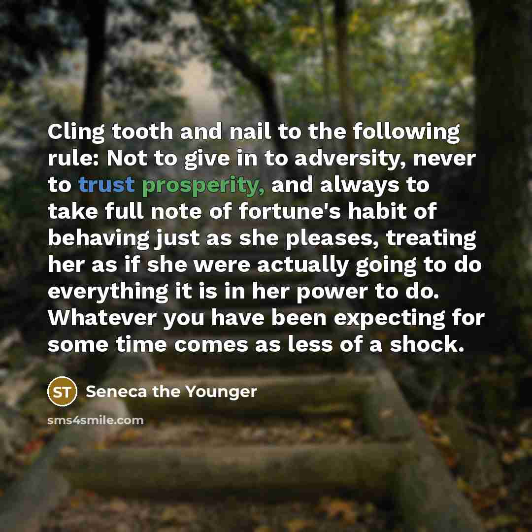 “Cling tooth and nail to the following rule: Not to give in to adversity, never to trust prosperity, and always to take full note of fortune's habit of behaving just as she pleases, treating her as if she were actually going to do everything it is in her power to do. Whatever you have been…” quote by Seneca the Younger