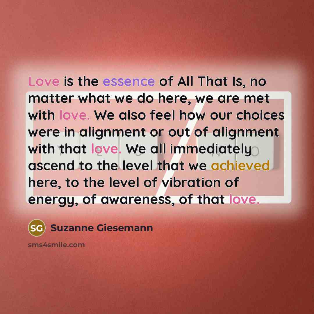 “Love is the essence of All That Is, no matter what we do here, we are met with love. We also feel how our choices were in alignment or out of alignment with that love. We all immediately ascend to the level that we achieved here, to the level of vibration of energy, of awareness, of that love.” quote by Suzanne Giesemann