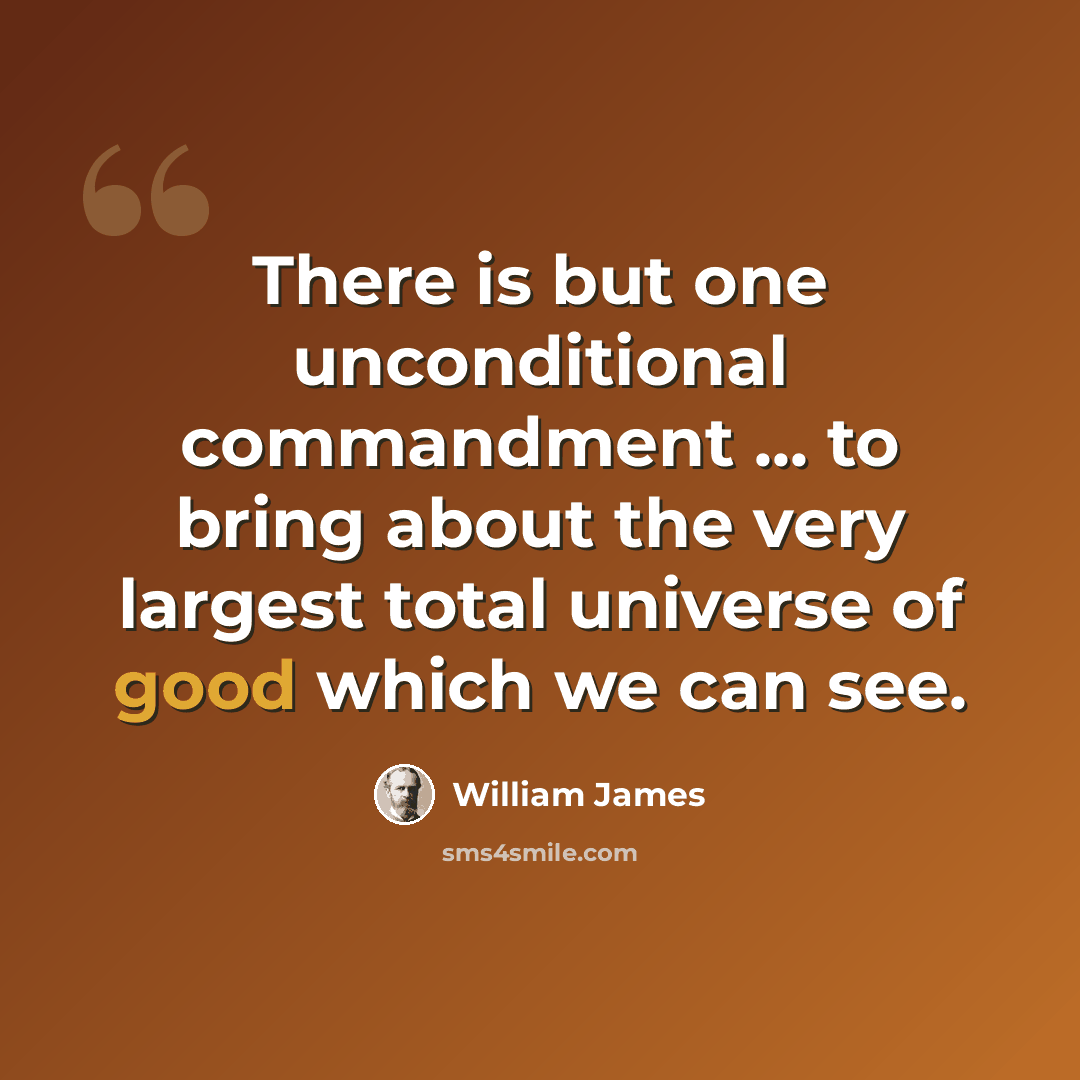 “There is but one unconditional commandment ... to bring about the very largest total universe of good which we can see.” quote by William James