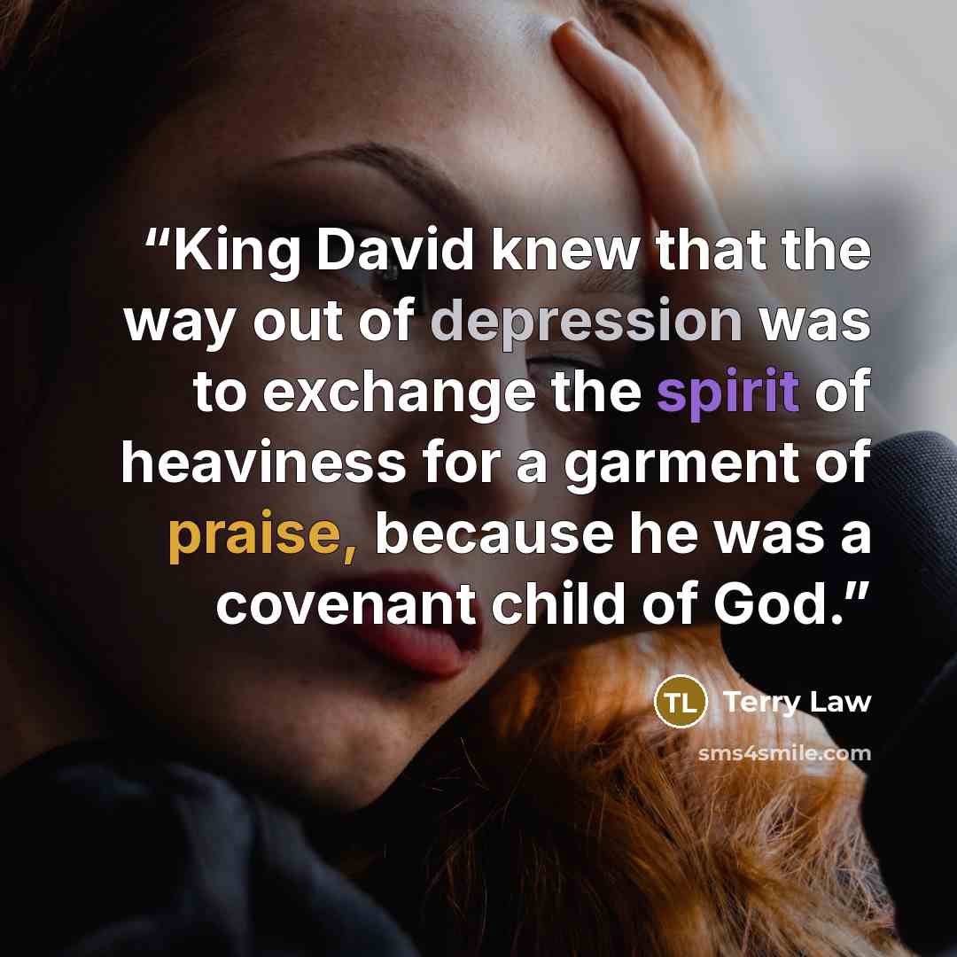 “King David knew that the way out of depression was to exchange the spirit of heaviness for a garment of praise, because he was a covenant child of God.” quote by Terry Law