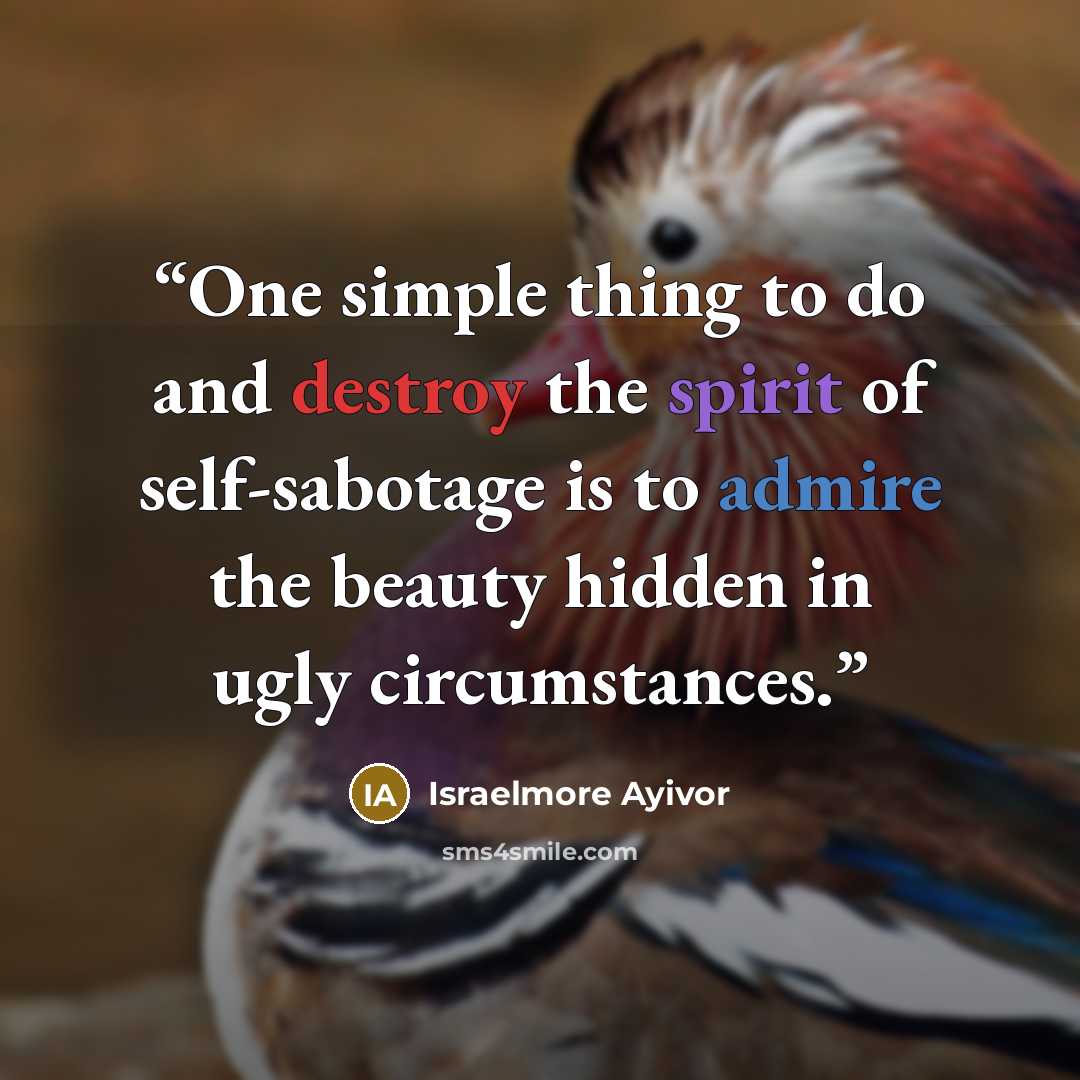 “One simple thing to do and destroy the spirit of self-sabotage is to admire the beauty hidden in ugly circumstances.” quote by Israelmore Ayivor