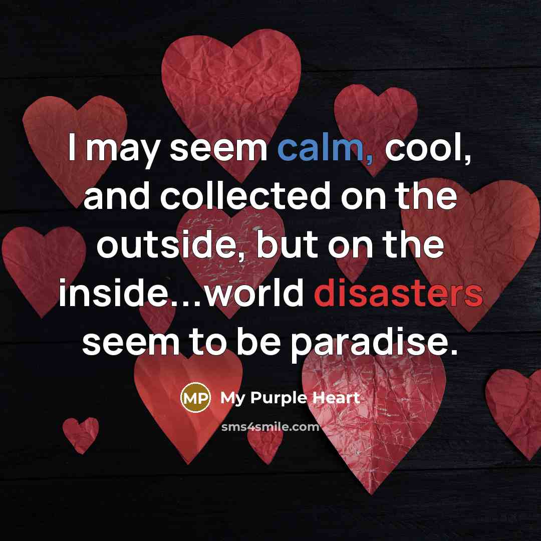 “I may seem calm, cool, and collected on the outside, but on the inside...world disasters seem to be paradise.” quote by My Purple Heart