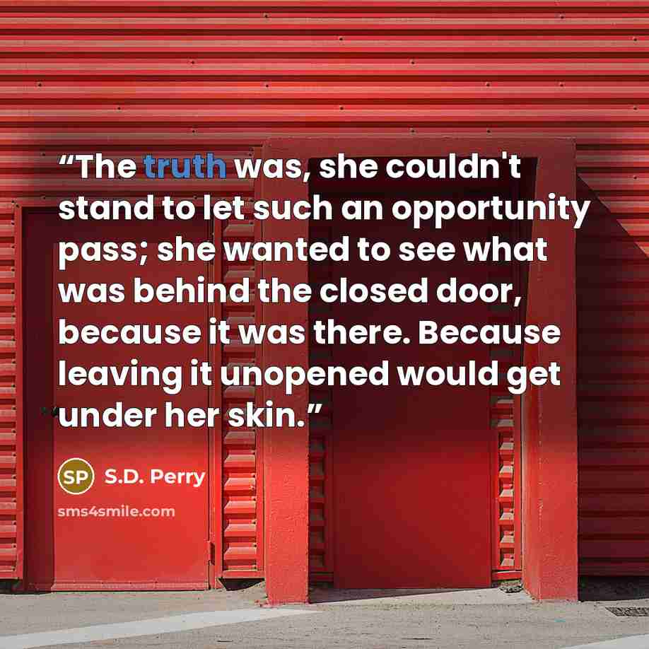“The truth was, she couldn't stand to let such an opportunity pass; she wanted to see what was behind the closed door, because it was there. Because leaving it unopened would get under her skin.” quote by S.D. Perry