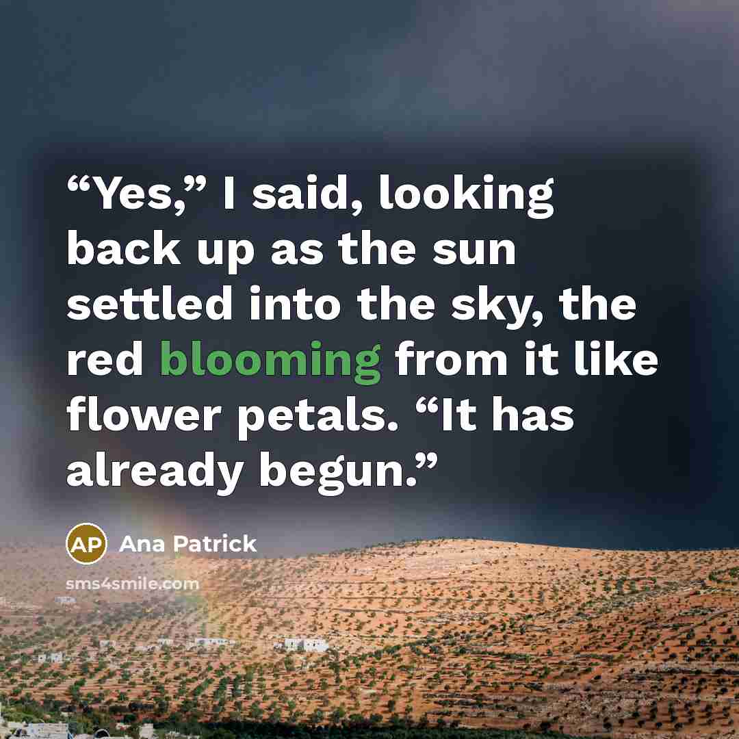 “Yes,” I said, looking back up as the sun settled into the sky, the red blooming from it like flower petals. “It has already begun.” quote by Ana Patrick