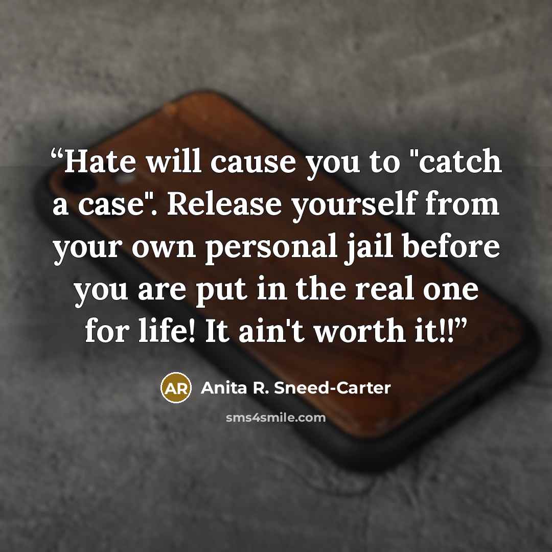 “Hate will cause you to "catch a case". Release yourself from your own personal jail before you are put in the real one for life! It ain't worth it!!” quote by Anita R. Sneed-Carter