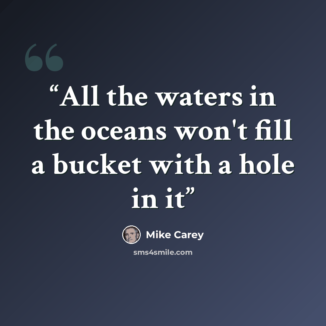 “All the waters in the oceans won't fill a bucket with a hole in it” quote by Mike Carey