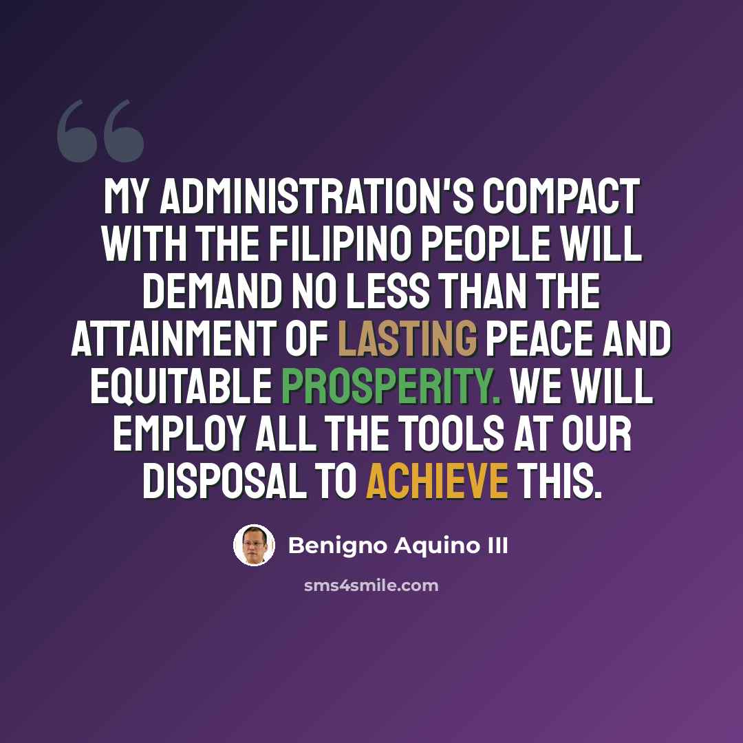 “My administration's compact with the Filipino people will demand no less than the attainment of lasting peace and equitable prosperity. We will employ all the tools at our disposal to achieve this.” quote by Benigno Aquino III