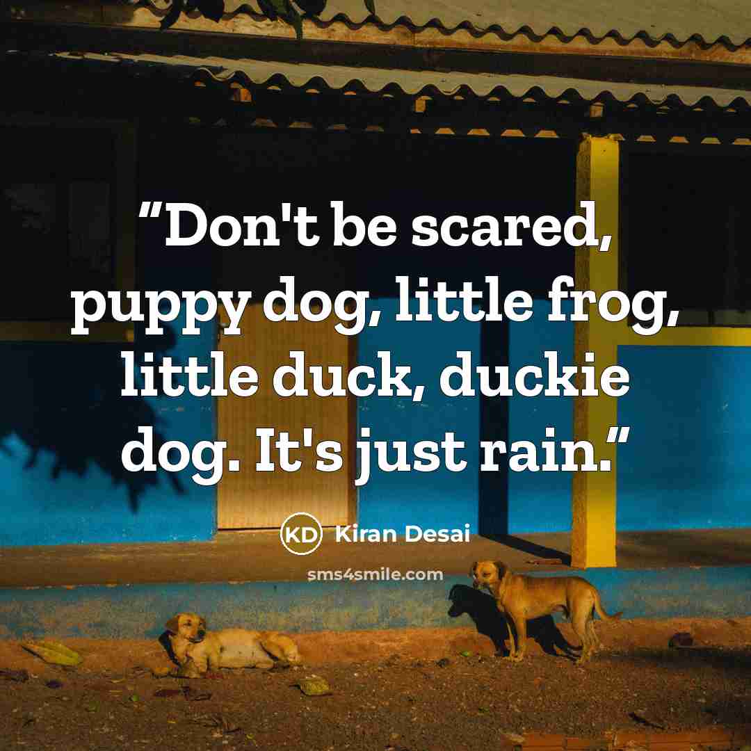 “Don't be scared, puppy dog, little frog, little duck, duckie dog. It's just rain.” quote by Kiran Desai